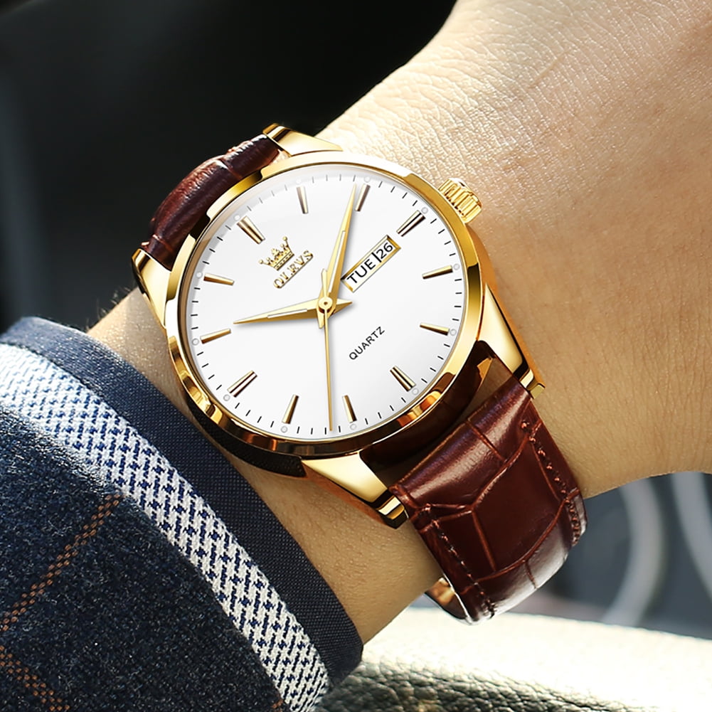 OLEVS Mens Watches,Brown Leather Watch for Men,Gold Plated Case Analog Quartz Fashion Business Dress Watch Luminous Waterproof Casual Male Wrist Watches Reloj para Hombre