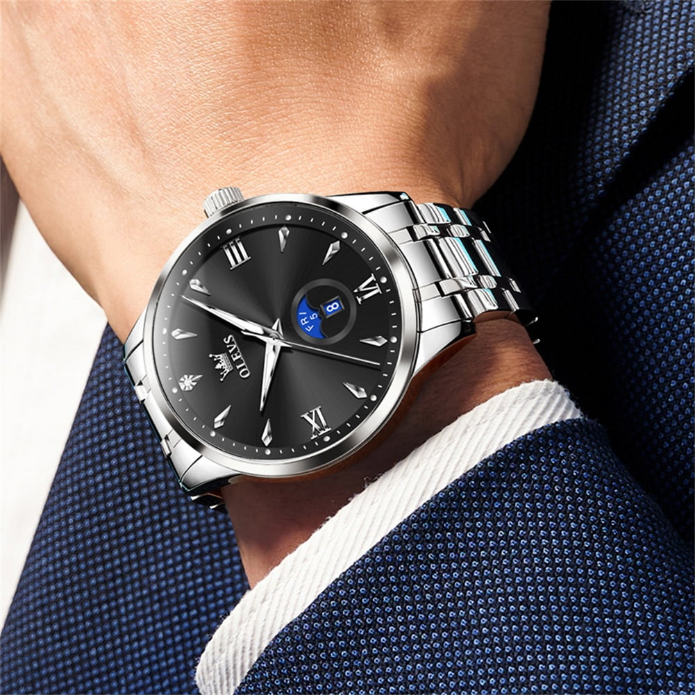 OLEVS Watches for Men Business Dress Casual Analog Quartz Stainless Steel Waterproof Luminous Men Wrist Watches Reloj Para Hombre Black Dial