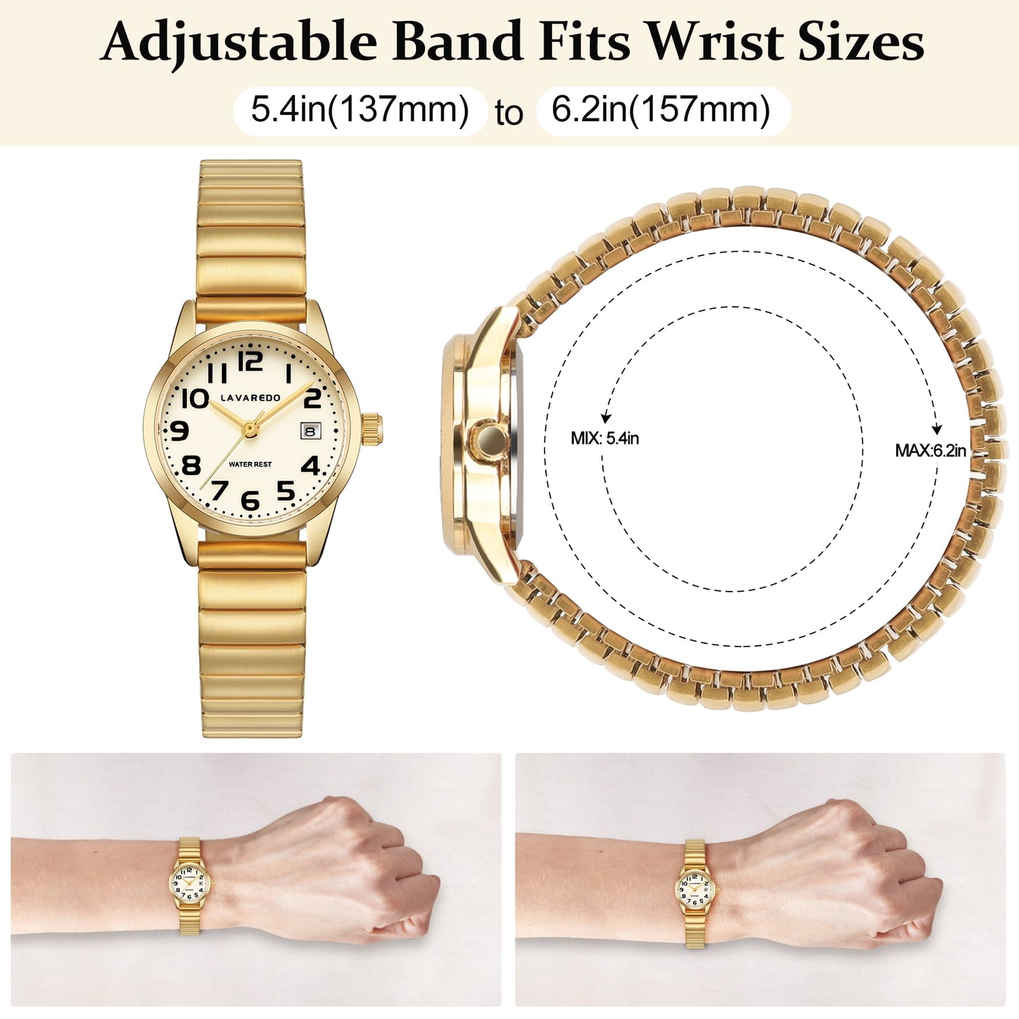 Gold Watches for Women Easy Reader Analog Ladies Quartz Watches with Stainless Steel Expansion Band, Waterproof Watches Gift For Women