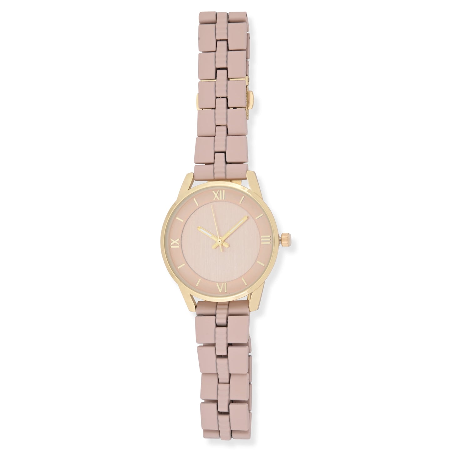 Time and Tru Adult Women's Gold-Tone Round Case Wristwatch with Light Pink Faux Ceramic Link Bracelet.