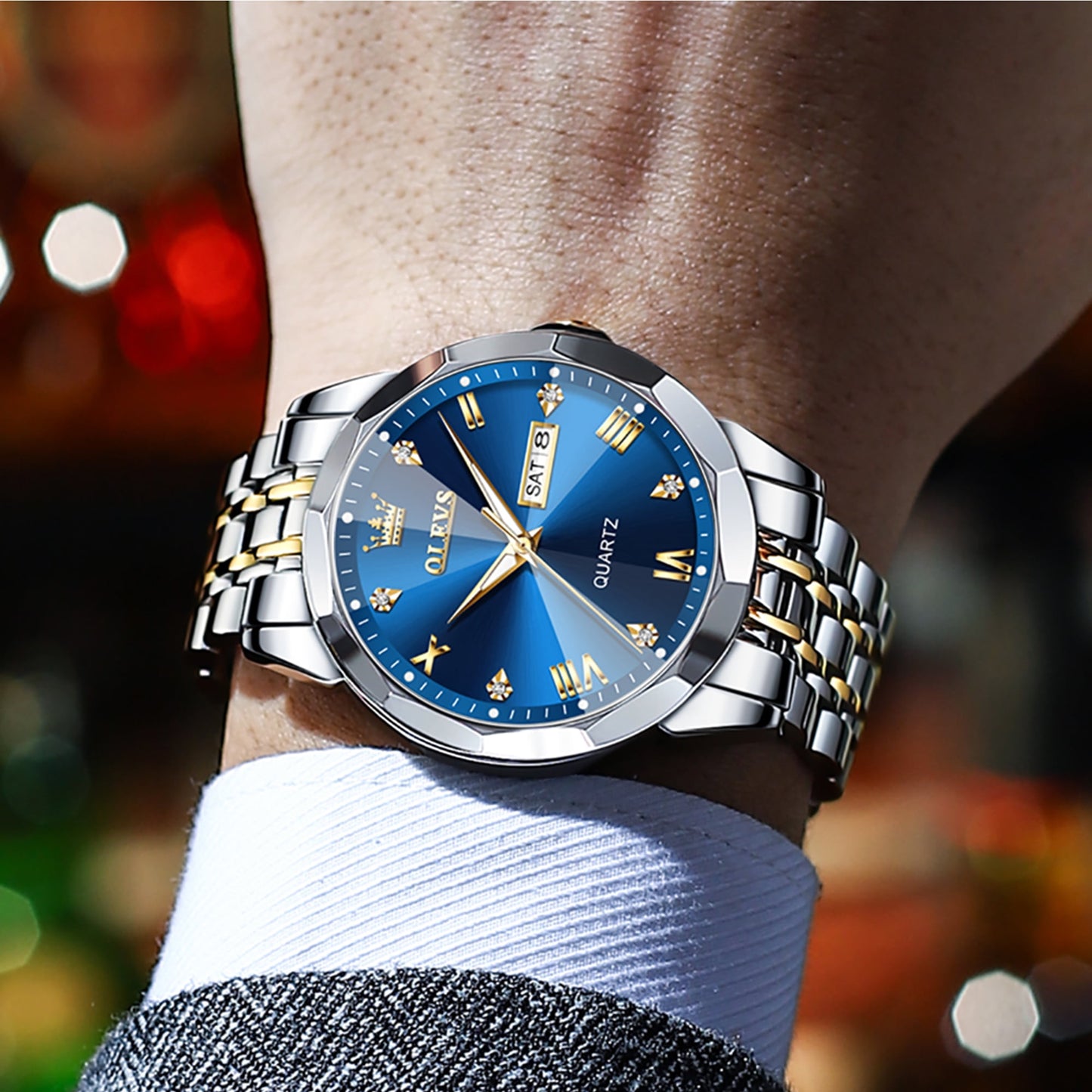 OLEVS Watches for Men Business Dress Analog Quartz Two Tone Gold Plated Stainless Steel Classic Waterproof Luminous Date Casual Mens Wrist Watches Reloj Para Hombre