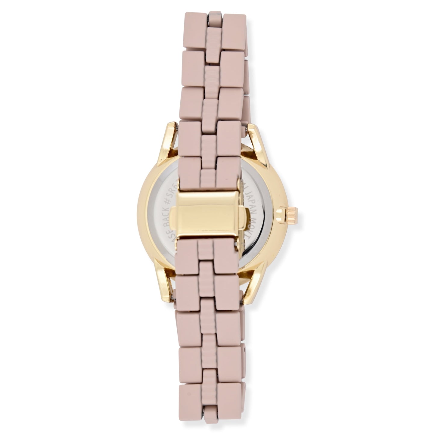 Time and Tru Adult Women's Gold-Tone Round Case Wristwatch with Light Pink Faux Ceramic Link Bracelet.