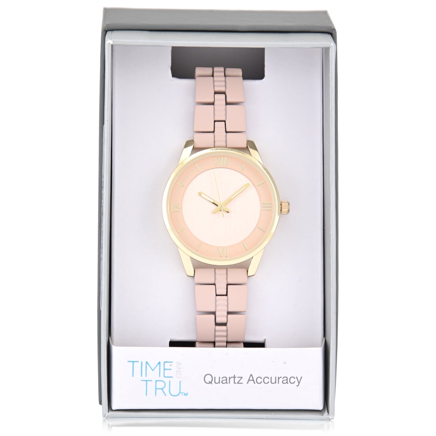 Time and Tru Adult Women's Gold-Tone Round Case Wristwatch with Light Pink Faux Ceramic Link Bracelet.