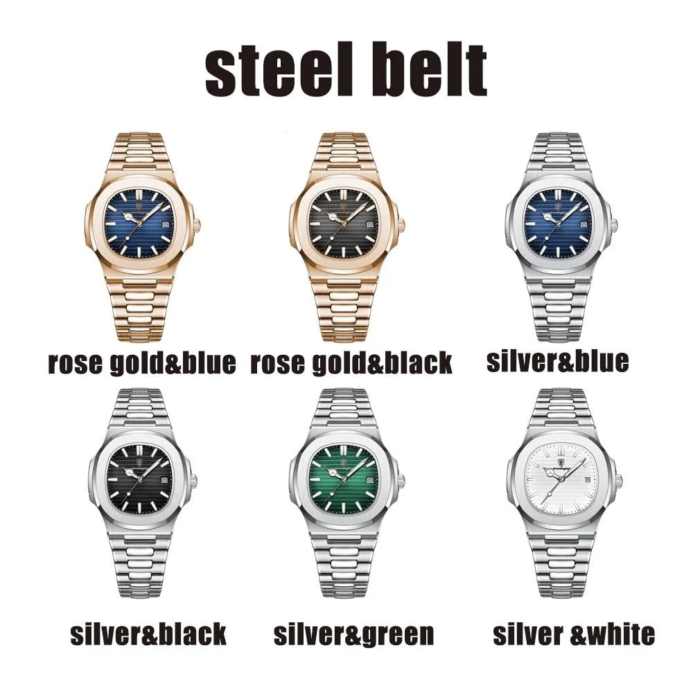 POEDAGAR New Luxury Rose Gold Quartz Watch for Men Stainless Steel Sports Waterproof Luminous Date Fashion Square Men's Watches