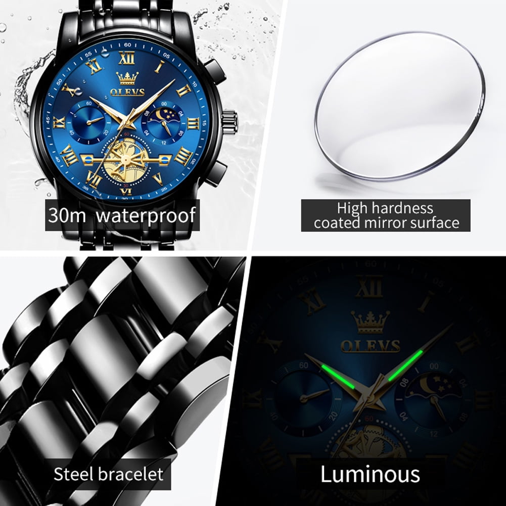 OLEVS Mens Watches Chronograph Business Dress Quartz Stainless Steel Waterproof Luminous Date Wrist Watch For Men Blue Dial