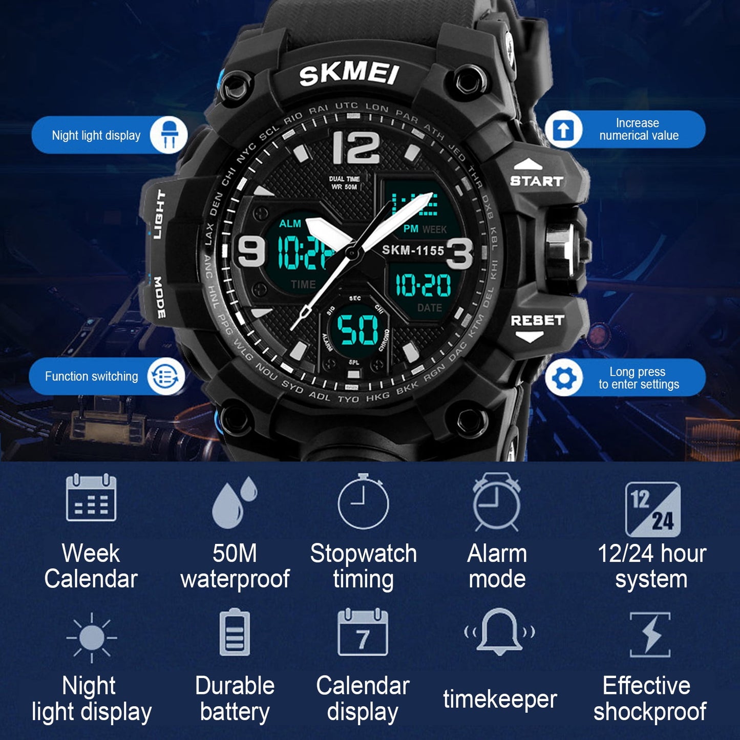 SKMEI Men's Military Watch, Waterproof Watches for Men with Stopwatch Alarm LED Back Light Sports Watch, Black