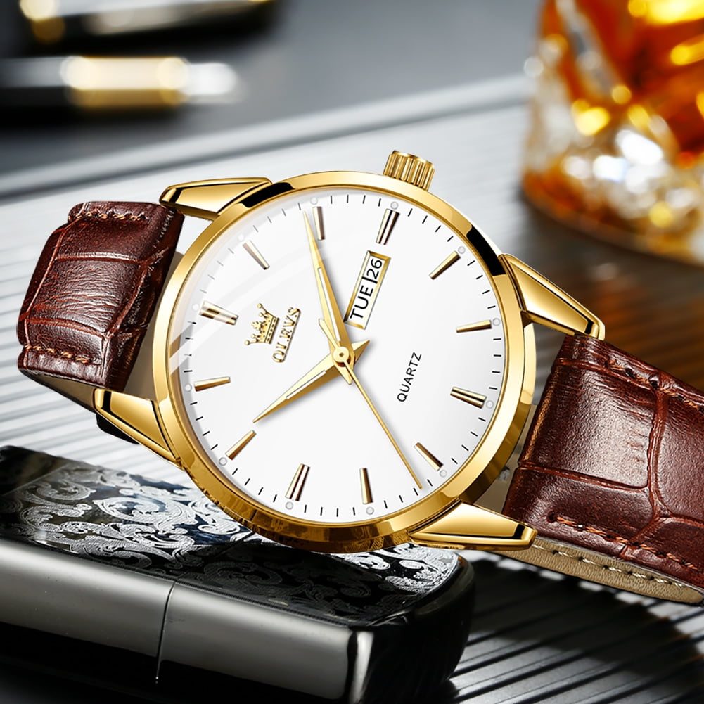 OLEVS Mens Watches,Brown Leather Watch for Men,Gold Plated Case Analog Quartz Fashion Business Dress Watch Luminous Waterproof Casual Male Wrist Watches Reloj para Hombre