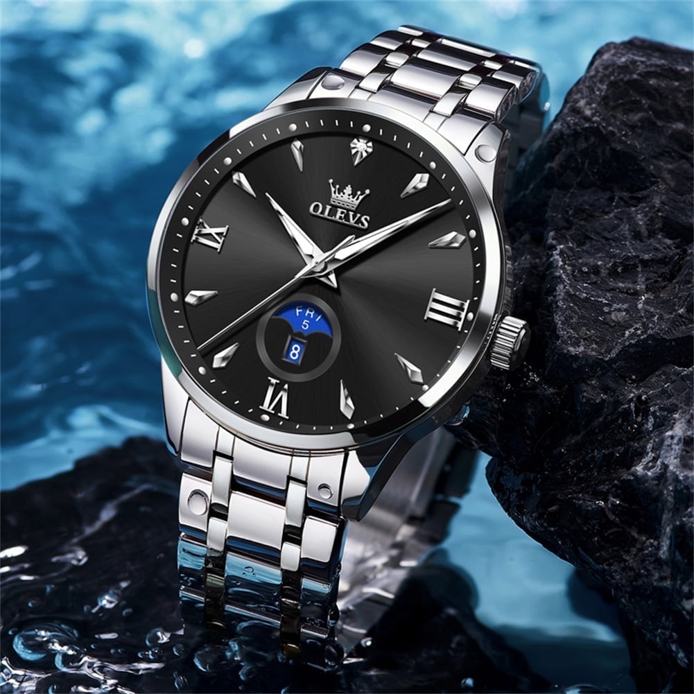 OLEVS Watches for Men Business Dress Casual Analog Quartz Stainless Steel Waterproof Luminous Men Wrist Watches Reloj Para Hombre Black Dial