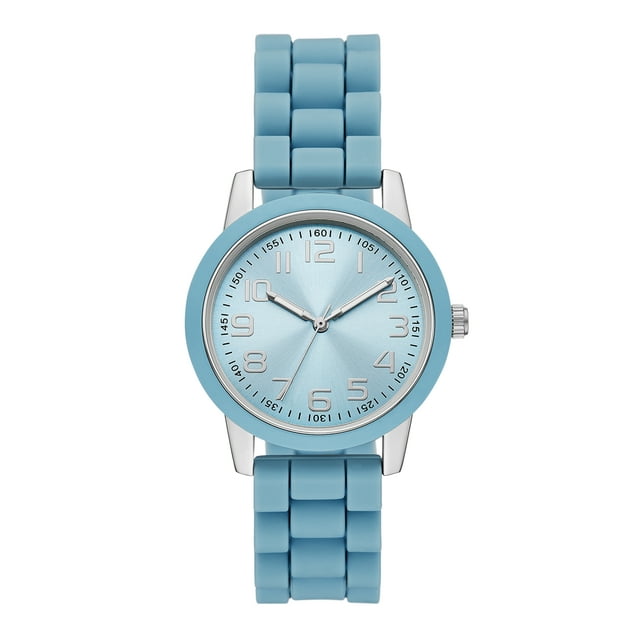 Time and Tru Ladies' Watch with Silver Round Case, Light Blue Bezel, Light Blue Sunray Dial and Light Blue Soft Silicone Strap (FMDOTT107)