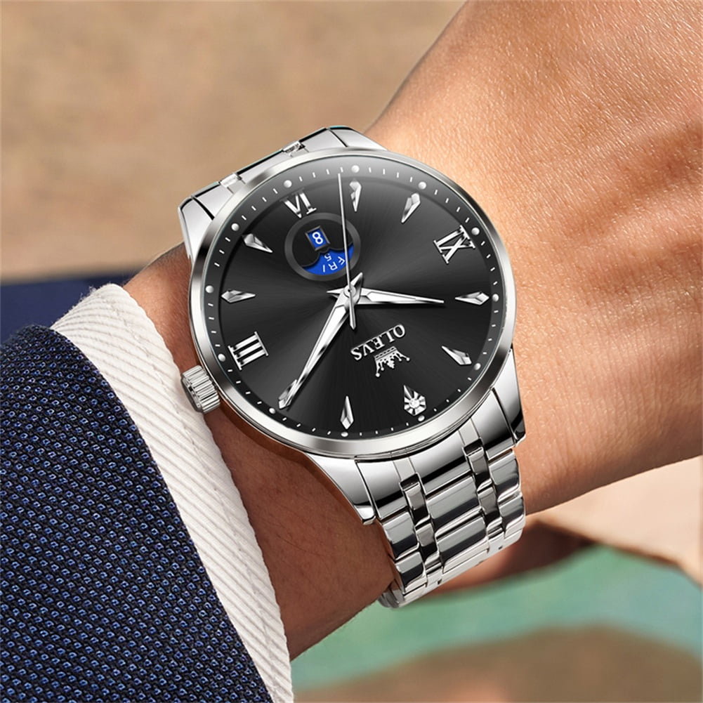OLEVS Watches for Men Business Dress Casual Analog Quartz Stainless Steel Waterproof Luminous Men Wrist Watches Reloj Para Hombre Black Dial