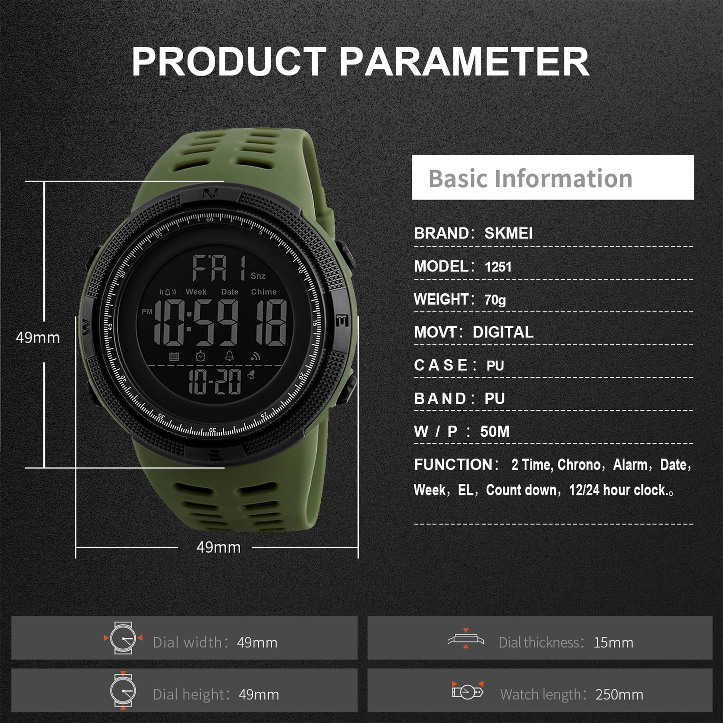 SKMEI Men's Watch Waterproof Digital Sport Watch Military Digital Watches for men Alarm Back Light Classic Large face Watch Army Green
