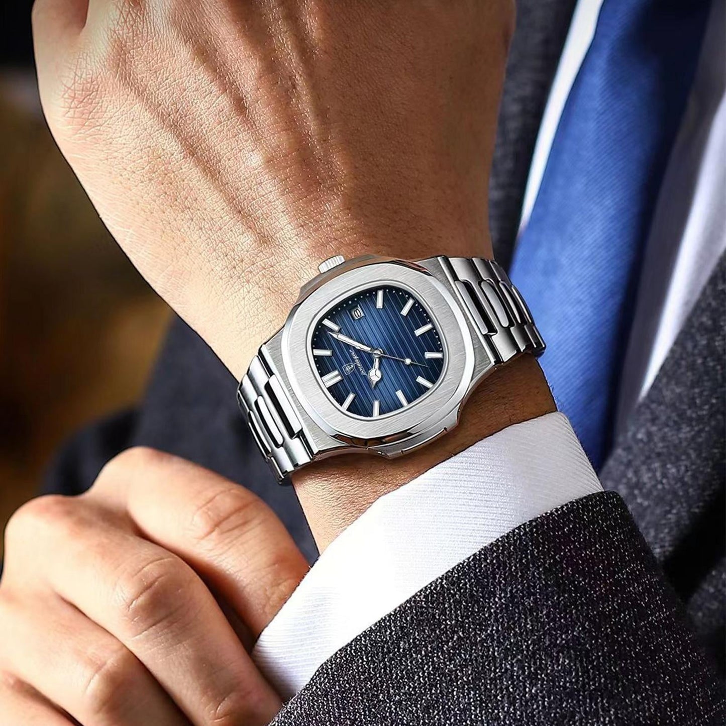 POEDAGAR New Luxury Rose Gold Quartz Watch for Men Stainless Steel Sports Waterproof Luminous Date Fashion Square Men's Watches