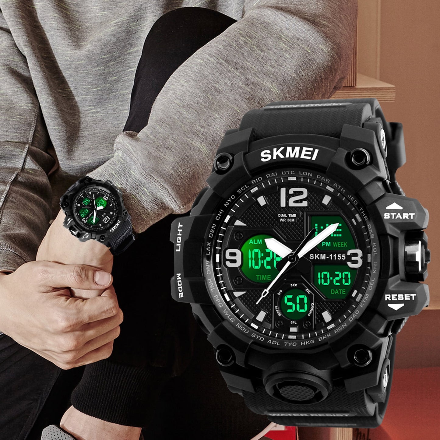 SKMEI Men's Military Watch, Waterproof Watches for Men with Stopwatch Alarm LED Back Light Sports Watch, Black
