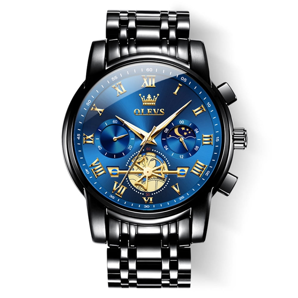 OLEVS Mens Watches Chronograph Business Dress Quartz Stainless Steel Waterproof Luminous Date Wrist Watch For Men Blue Dial