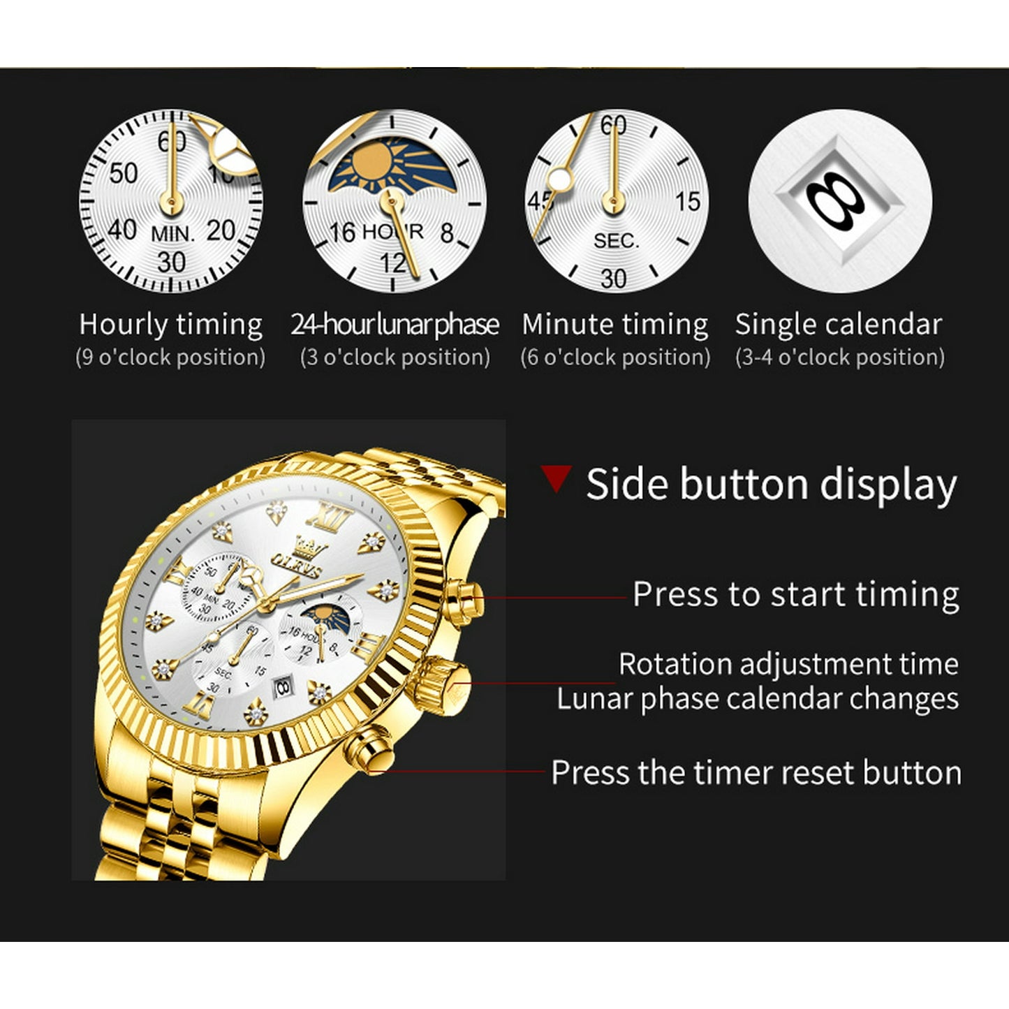 OLEVS Watches for Men, Mens Watches Quartz Gold Stainless Steel Waterproof Luminous Business Calendar Wrist Watch reloj para hombre