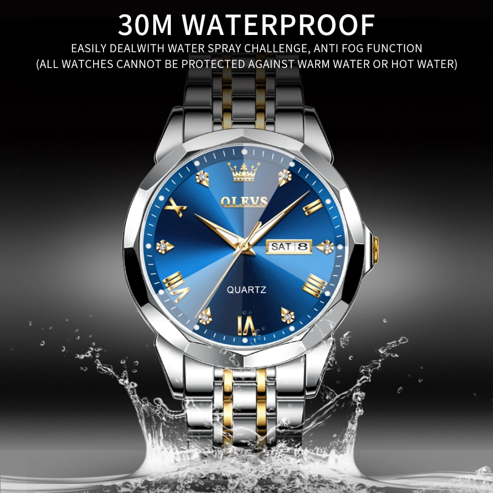 OLEVS Watch for Men Diamond Business Dress Analog Quartz Stainless Steel Waterproof Luminous Date Two Tone Luxury Casual Wrist Watch
