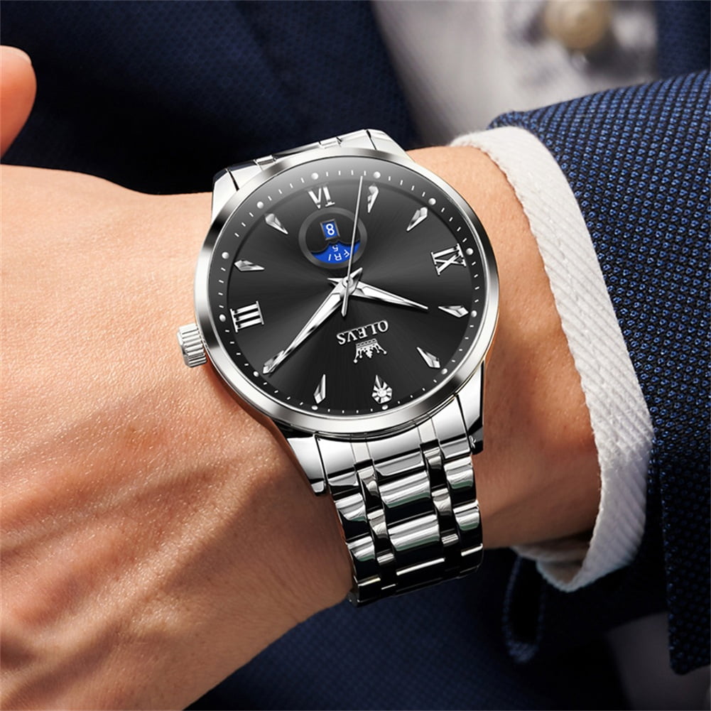 OLEVS Watches for Men Business Dress Casual Analog Quartz Stainless Steel Waterproof Luminous Men Wrist Watches Reloj Para Hombre Black Dial