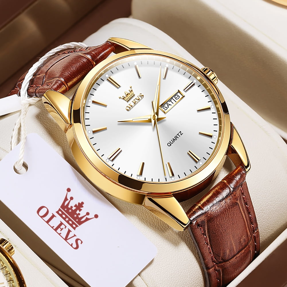 OLEVS Mens Watches,Brown Leather Watch for Men,Gold Plated Case Analog Quartz Fashion Business Dress Watch Luminous Waterproof Casual Male Wrist Watches Reloj para Hombre