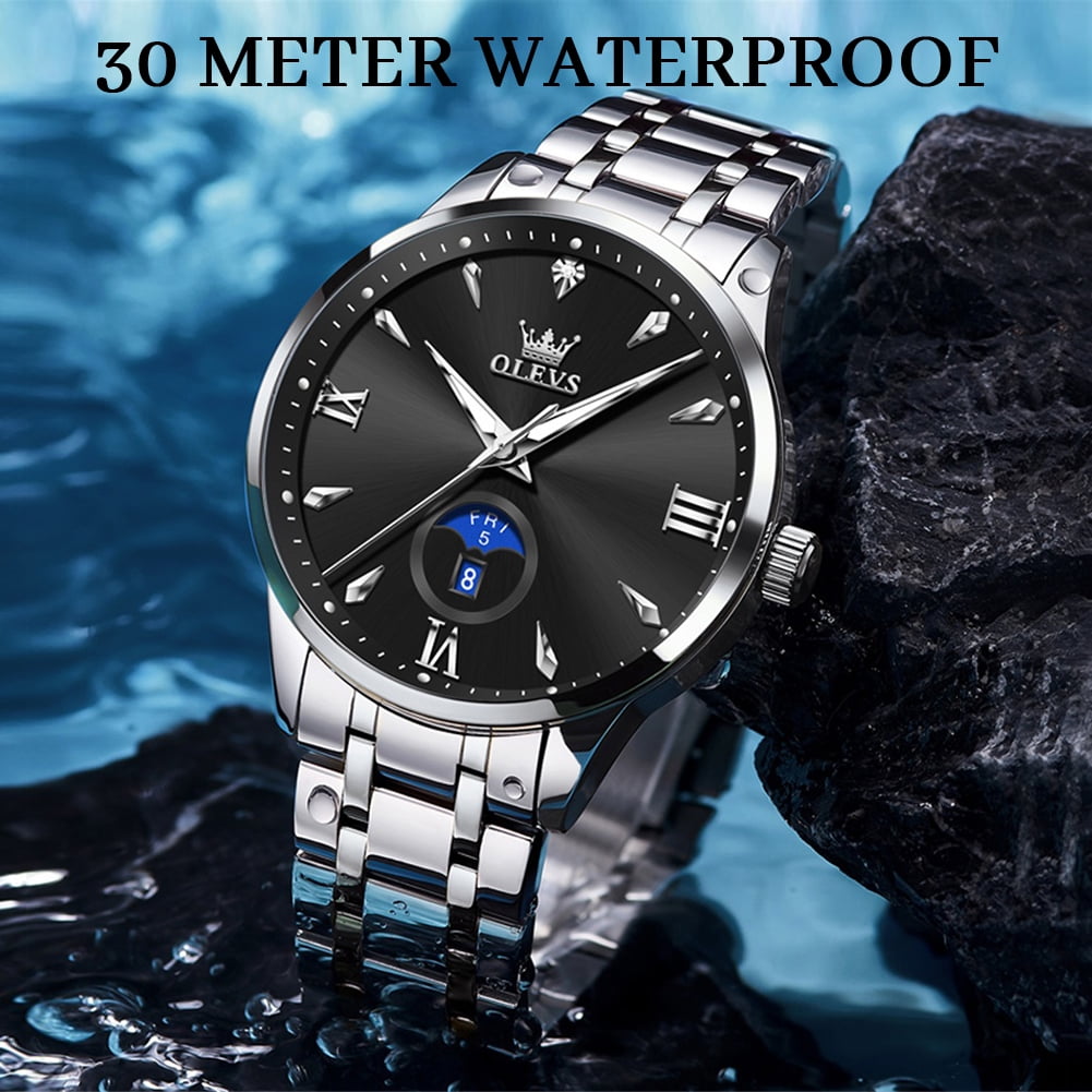 OLEVS Watches for Men Business Dress Casual Analog Quartz Stainless Steel Waterproof Luminous Men Wrist Watches Reloj Para Hombre Black Dial