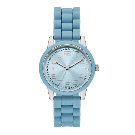 Time and Tru Ladies' Watch with Silver Round Case, Light Blue Bezel, Light Blue Sunray Dial and Light Blue Soft Silicone Strap (FMDOTT107)